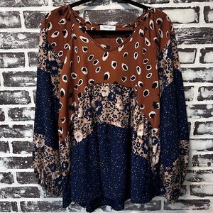 Hailey & Co Boho Eclectic Peasant Top Balloon Sleeve Navy Brown Mixed Print Sz M